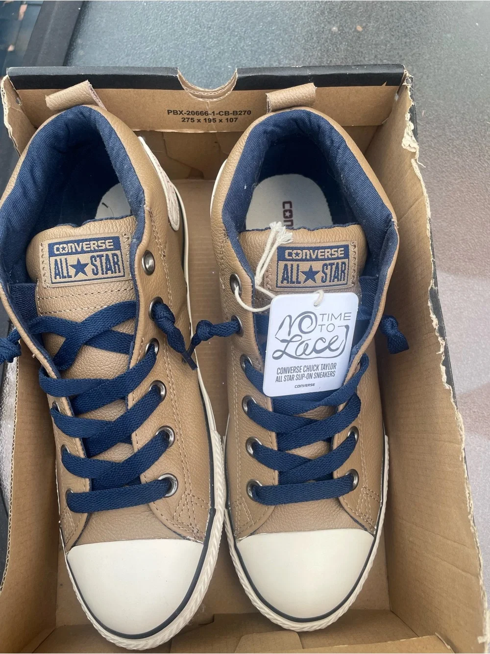 Converse Chuck Taylor Upper Leather Low Top Sneakers in Tan & Navy